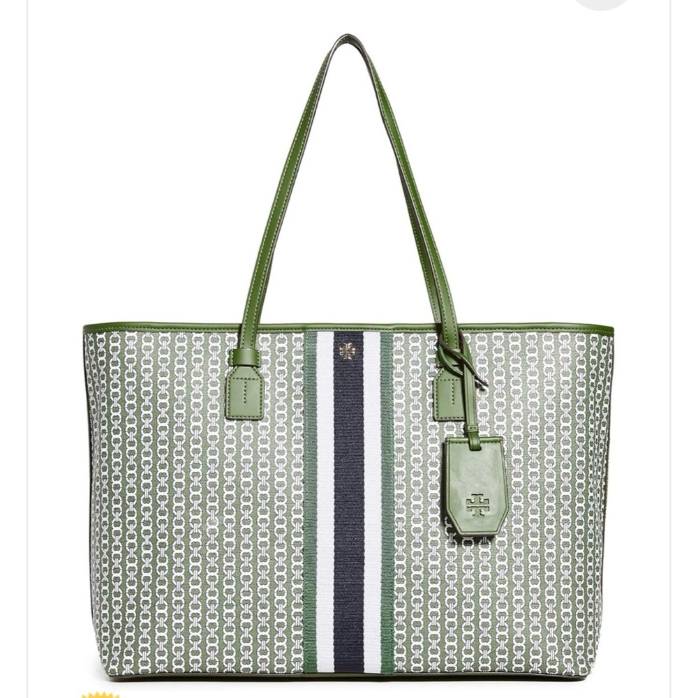 TORY BURCH GEMINI LINK canvas top zip tote #58450 Green with Navy stripe RARE.